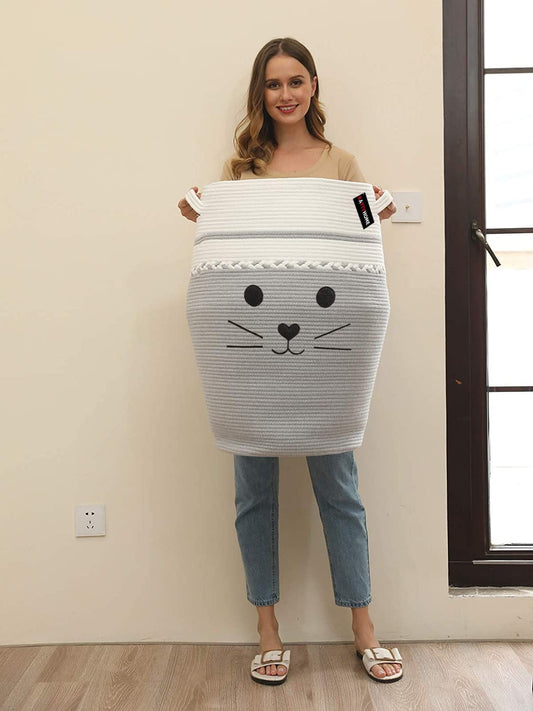 Gray and White Rope Hamper with Cat Face