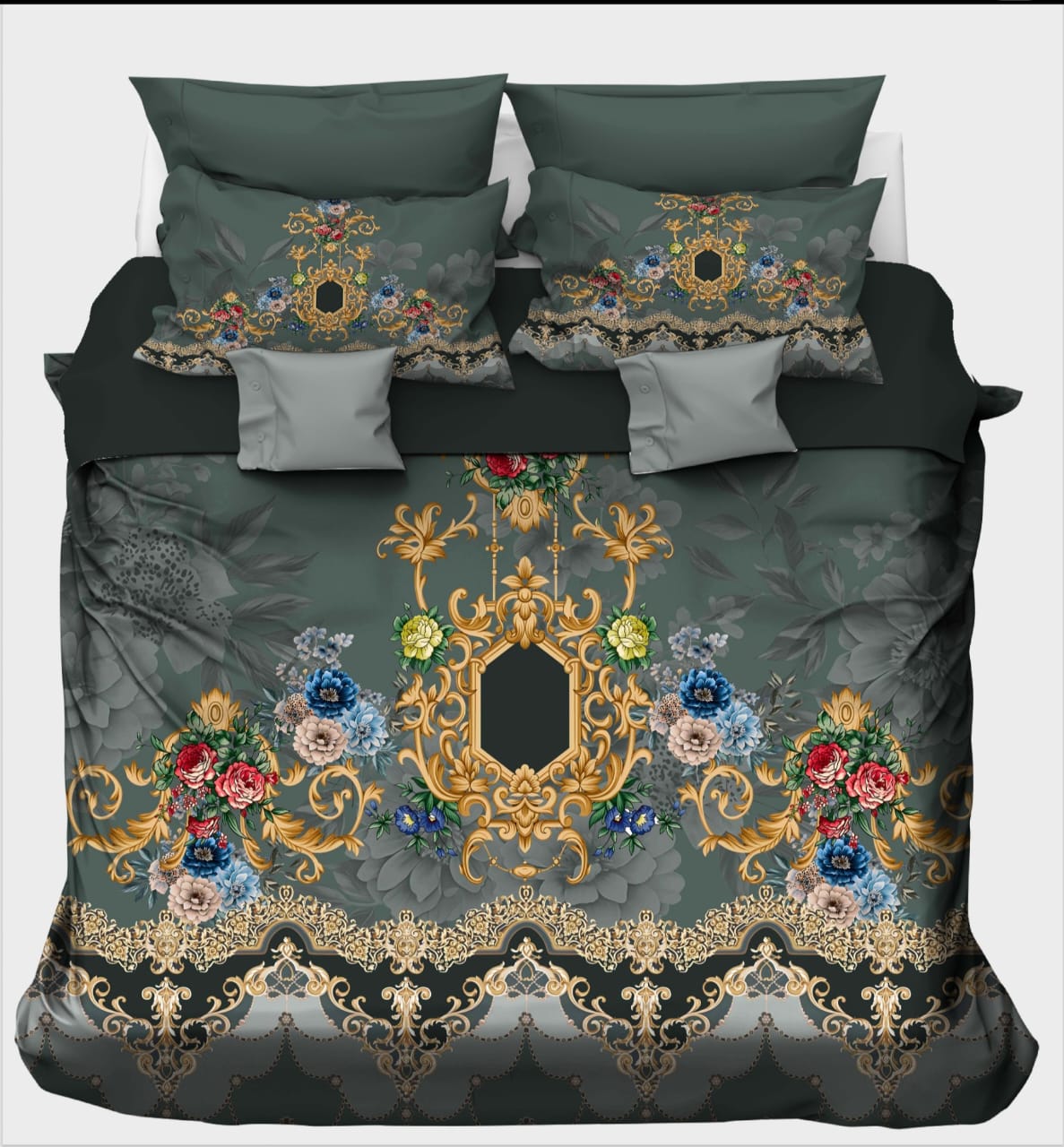 Forest Green with Gold Scrollwork & Floral Bedsheet