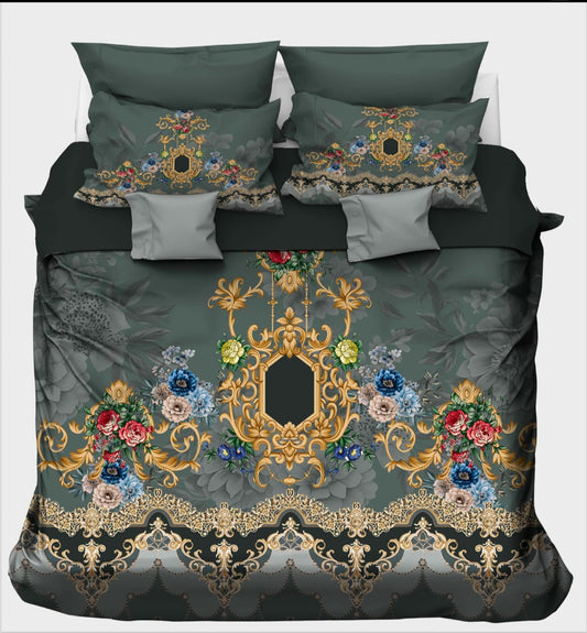 Forest Green with Gold Scrollwork & Floral Bedsheet