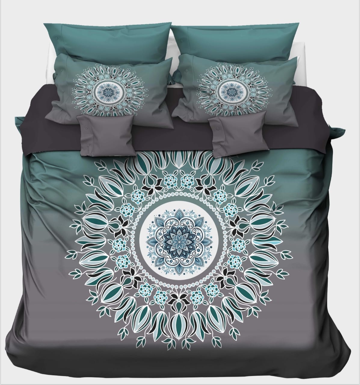 Teal & Charcoal Mandala on Ombre Background Bedsheet