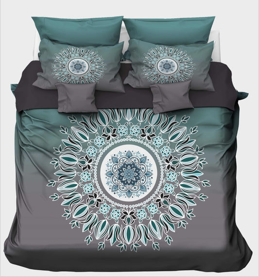 Teal & Charcoal Mandala on Ombre Background Bedsheet