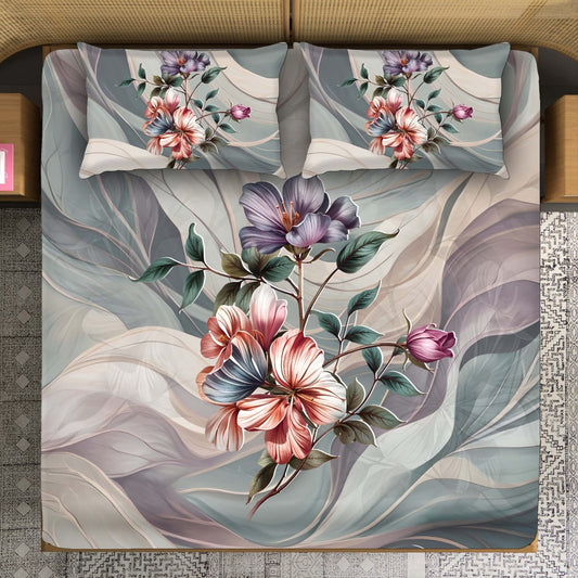 Coral & Lavender Floral on Swirling Wave Background Bedsheet