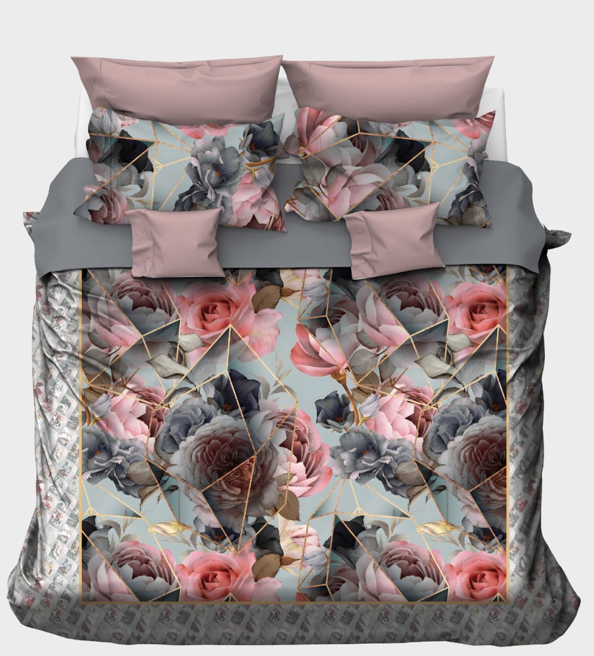 Fractured Gold Geometric Floral on Powder Blue Bedsheet