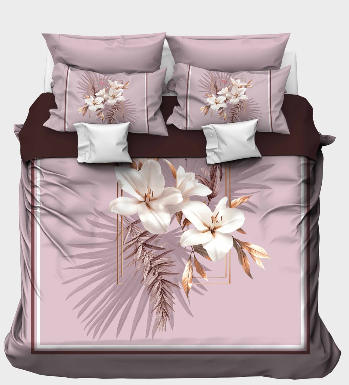 Soft Mauve with White Lilies & Tropical Leaves Bedsheet