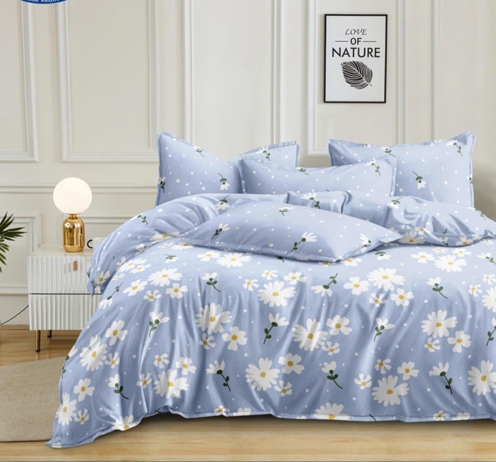 Cheerful White Daisies on Light Blue Bedsheet