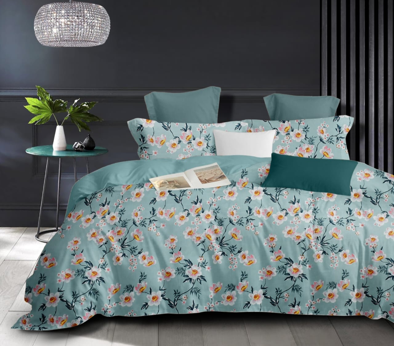 Vibrant Watercolor Floral on Blue Grid Bedsheet