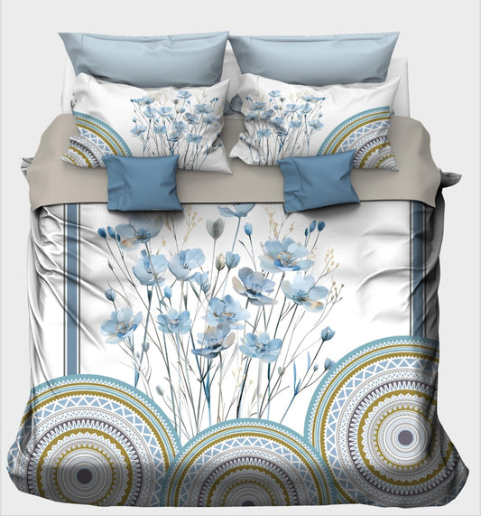 Serene Blue Flowers with Bohemian Mandalas Bedsheet
