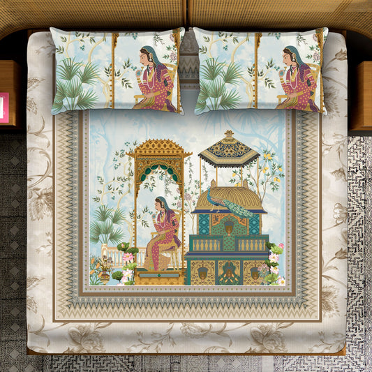 Abstract Midnight Blue Lotus & Fern Fronds Bedsheet